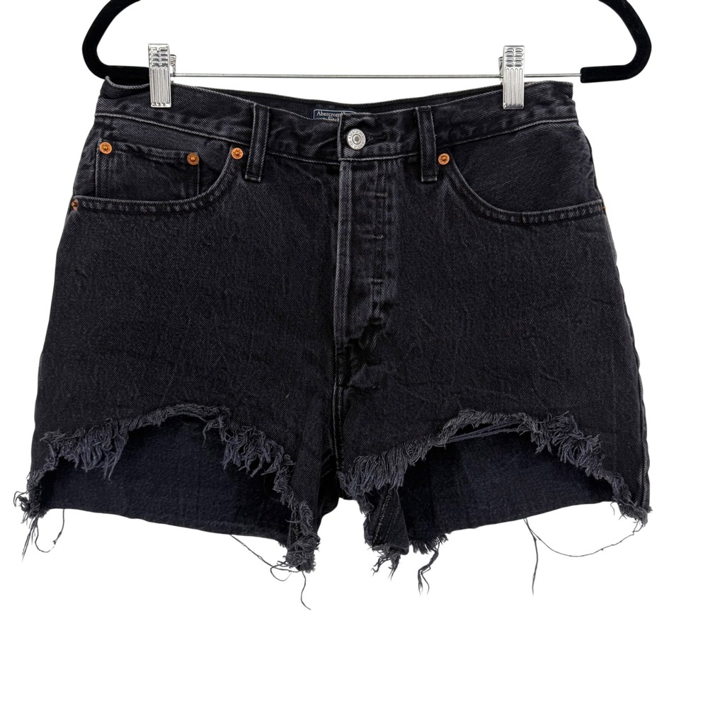 Abercrombie & Fitch High‎ Rise Denim Shorty Shorts Black Distressed Size 29
